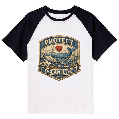 PROTECT OCEAN LIFE - whale with heart in blue , marine conservation - Contrast Raglan T-shirt - Black