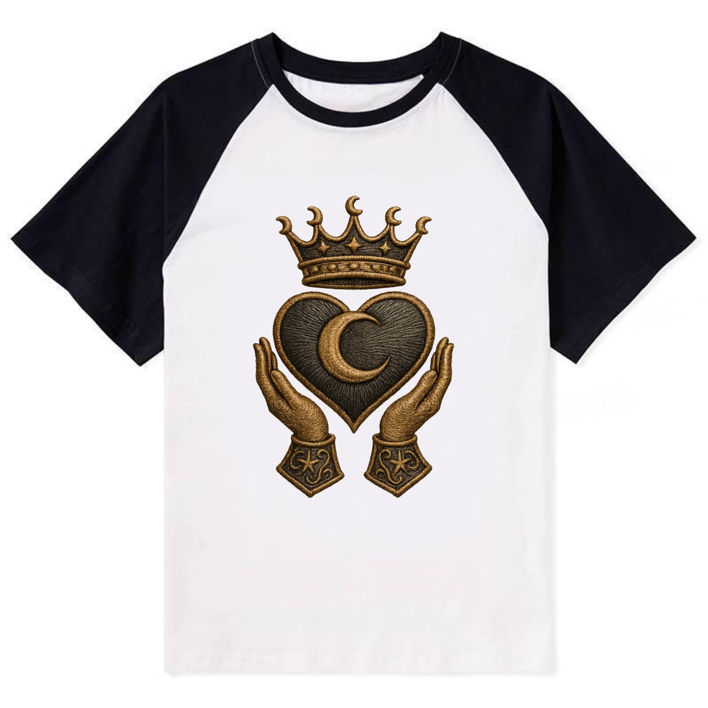 Moonlit crescent crown cradling a hematite heart with stargazer hands - Contrast Raglan T-shirt - Black
