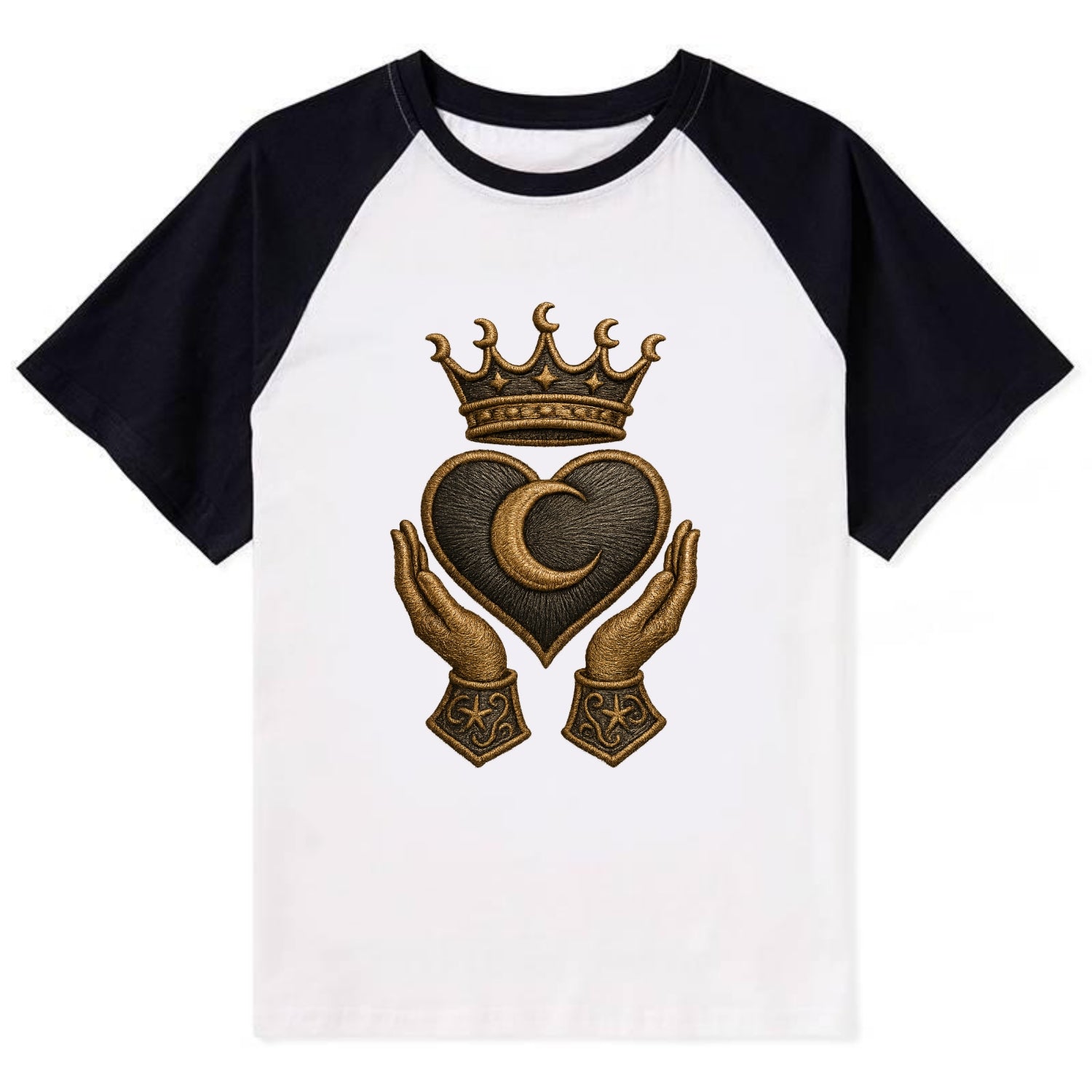 Moonlit crescent crown cradling a hematite heart with stargazer hands - Contrast Raglan T-shirt - Black