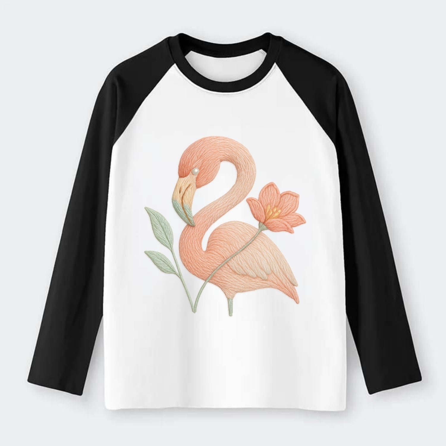Peach Flamingo - Raglan Long Sleeve T-Shirt - Black