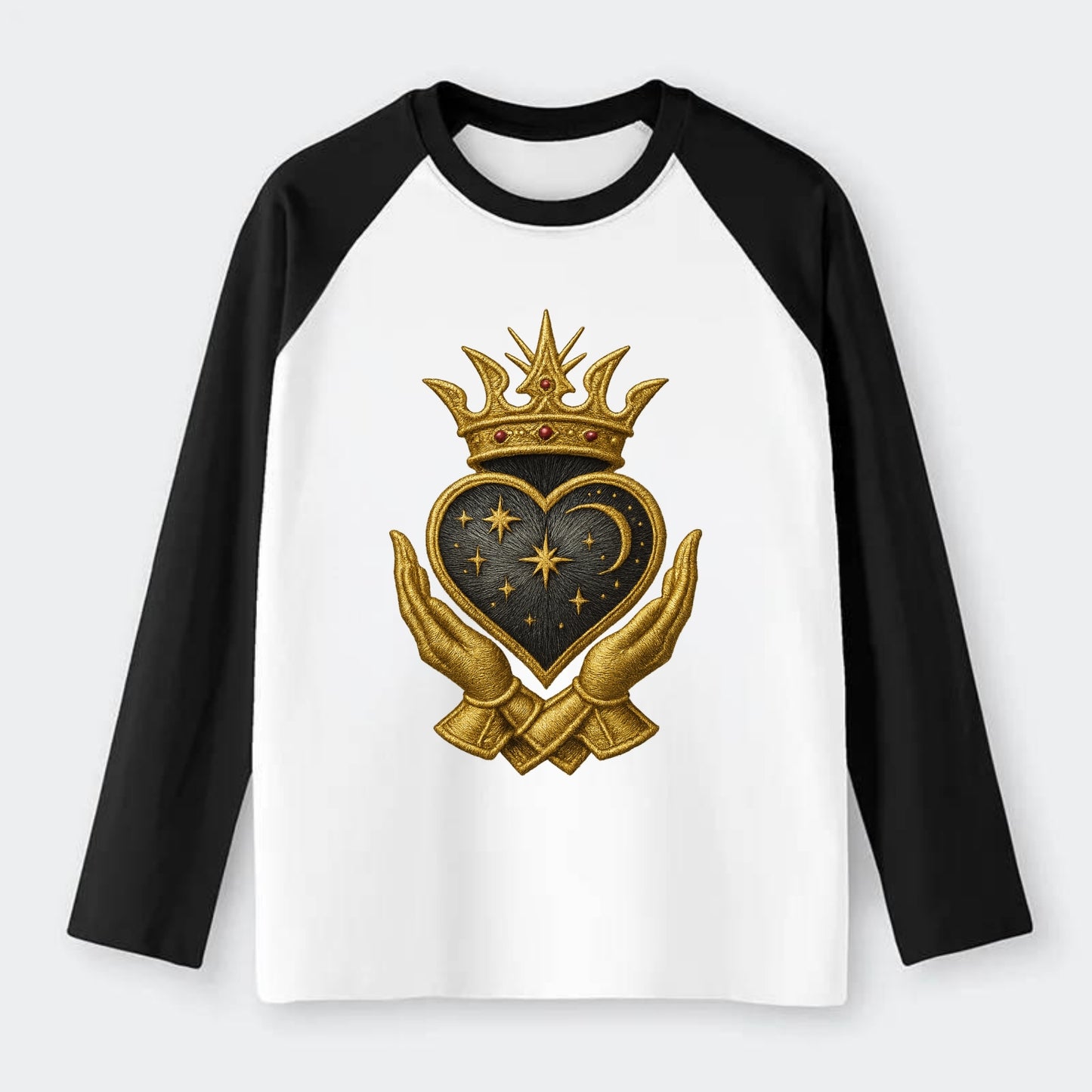 Hammered bronze warrior crown anchoring a dark steel heart with - Raglan Long Sleeve T-Shirt - Black