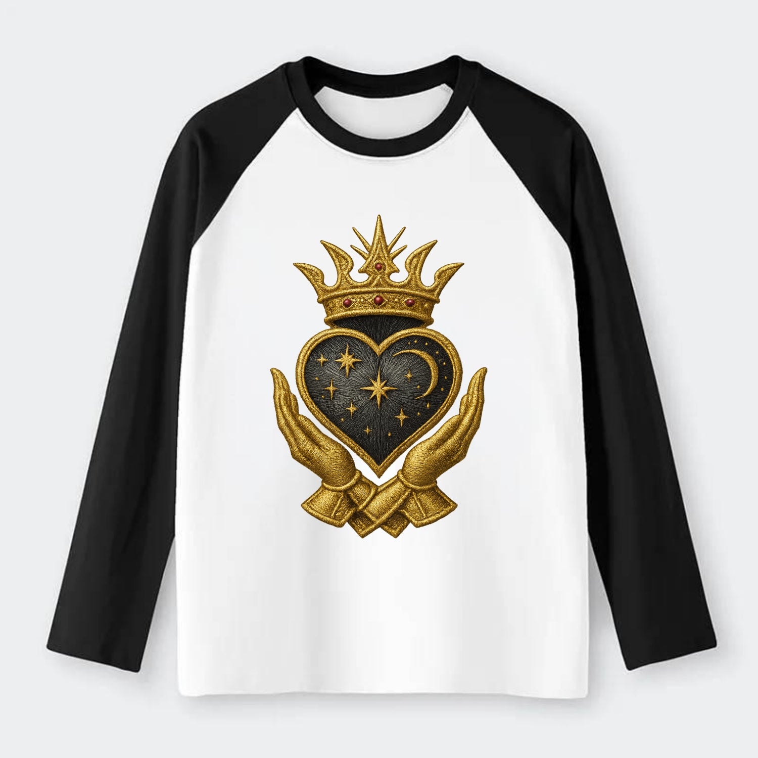Hammered bronze warrior crown anchoring a dark steel heart with - Raglan Long Sleeve T-Shirt - Black