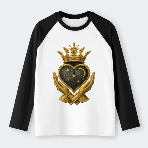 Hammered bronze warrior crown anchoring a dark steel heart with - Raglan Long Sleeve T-Shirt
