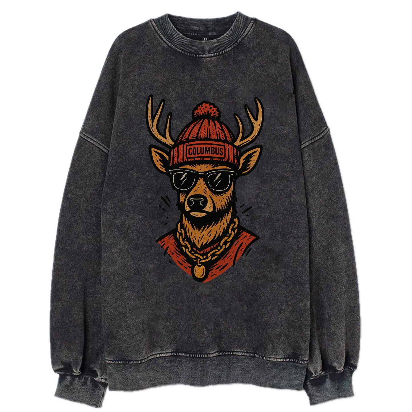 Columbus White-tailed Deer wearing Columbus beanie with pom pom and wayfarer - Vintage Sweatshirt - Black