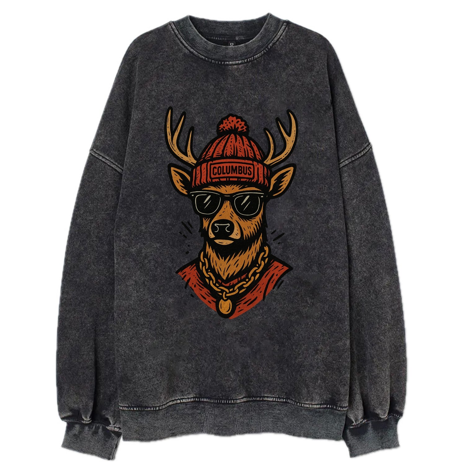 Columbus White-tailed Deer wearing Columbus beanie with pom pom and wayfarer - Vintage Sweatshirt - Black