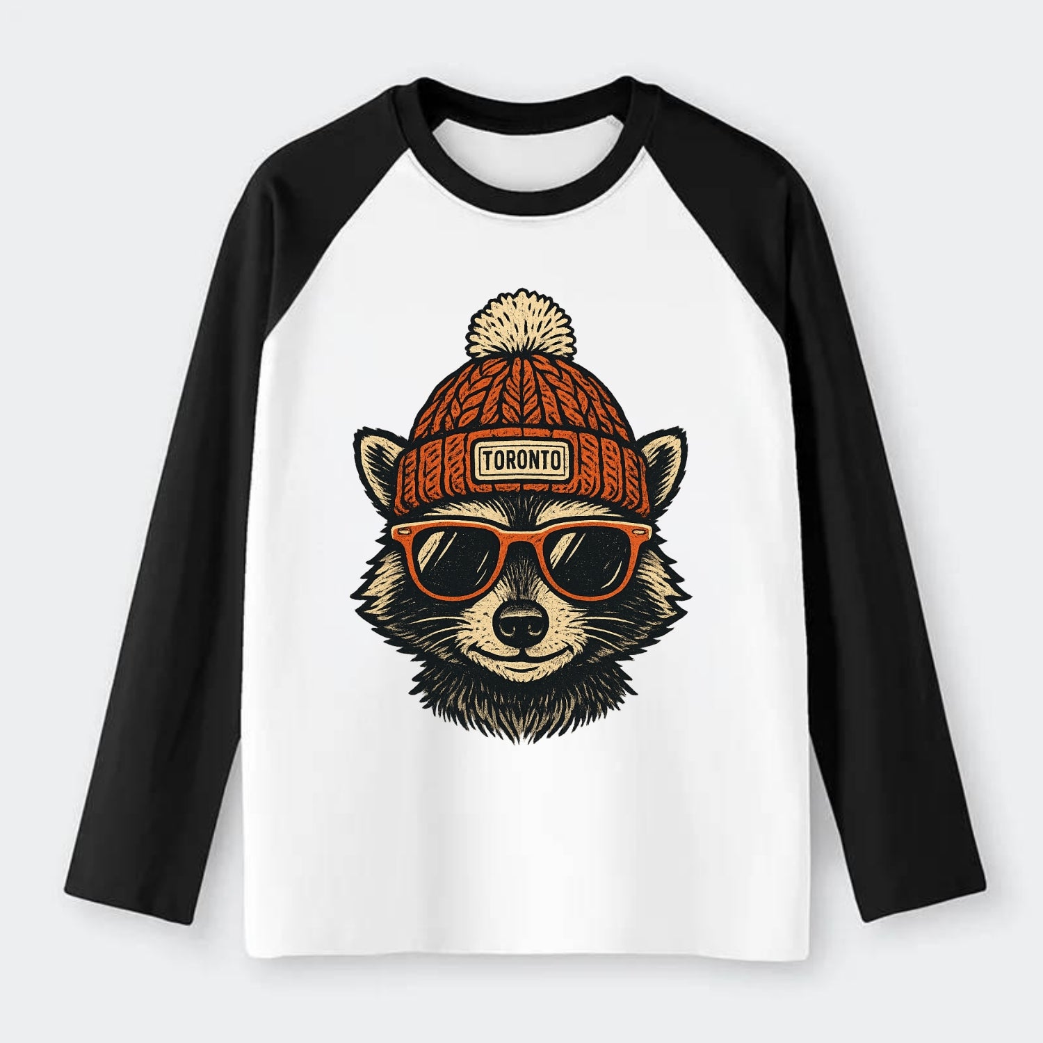 Toronto Raccoon wearing Toronto beanie with pom pom and wayfarer - Raglan Long Sleeve T-Shirt - Black