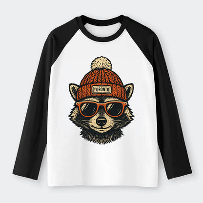 Toronto Raccoon wearing Toronto beanie with pom pom and wayfarer - Raglan Long Sleeve T-Shirt - Black