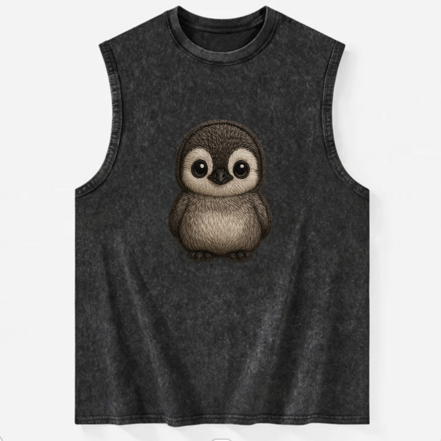 Baby Penguin Chick - gray fluffy, white face, round body, front-facing, - Vintage Washed Tank - Black