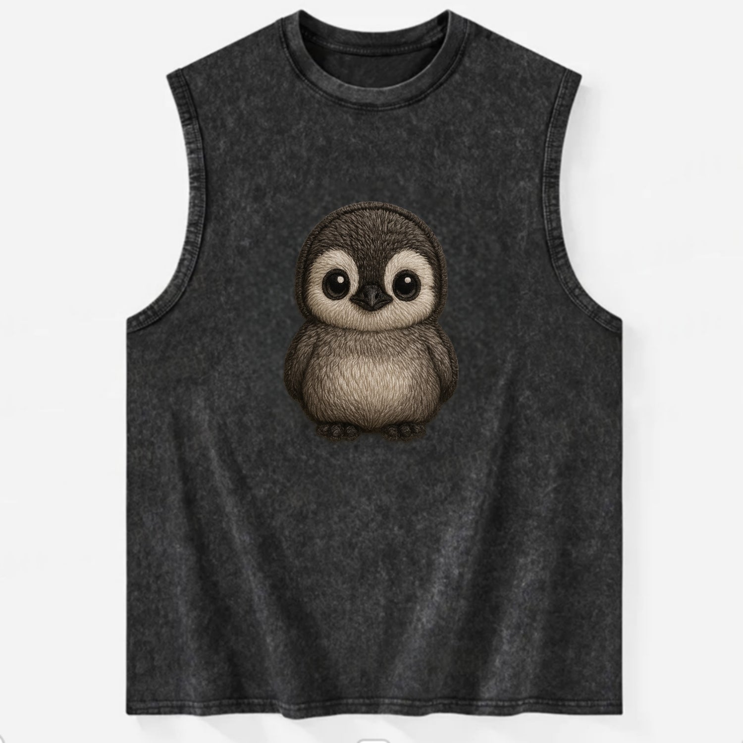 Baby Penguin Chick - gray fluffy, white face, round body, front-facing, - Vintage Washed Tank - Black