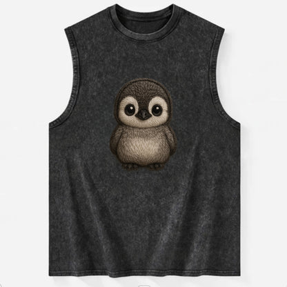 Baby Penguin Chick - gray fluffy, white face, round body, front-facing, - Vintage Washed Tank - Black