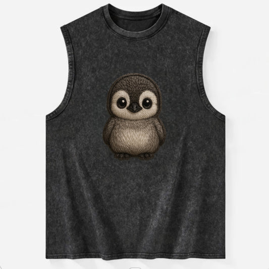 Baby Penguin Chick - gray fluffy, white face, round body, front-facing, - Vintage Washed Tank - Black