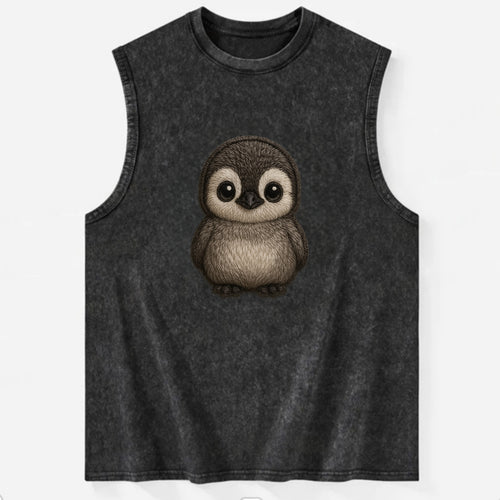 Baby Penguin Chick - gray fluffy, white face, round body, front-facing, - Vintage Washed Tank