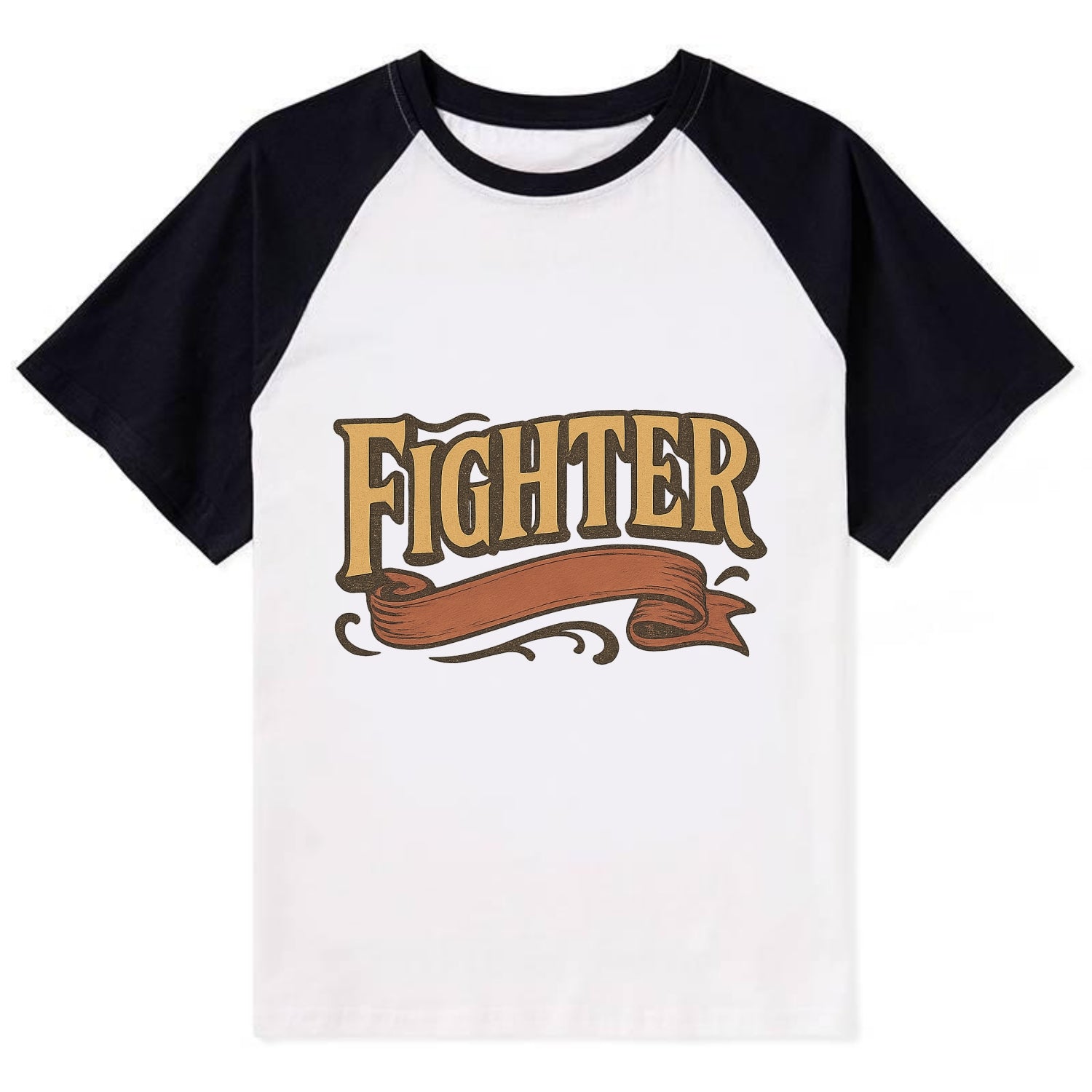Bold typography design - "FIGHTER" - never giving up, battling on - Contrast Raglan T-shirt - Black