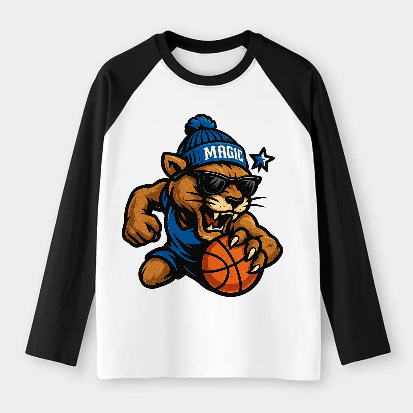 Florida Panther wearing Magic beanie with star wand patch and wayfarer - Raglan Long Sleeve T-Shirt - Black