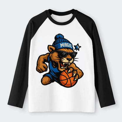 Florida Panther wearing Magic beanie with star wand patch and wayfarer - Raglan Long Sleeve T-Shirt - Black