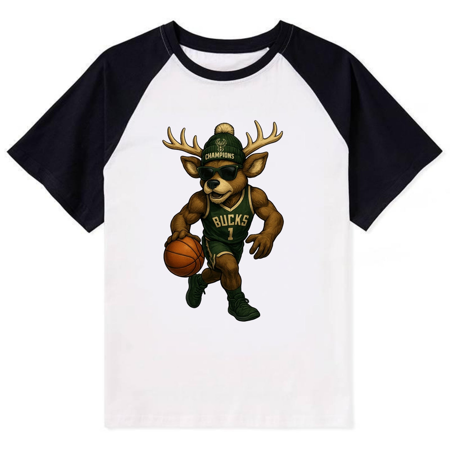 Milwaukee Buck Deer wearing Bucks green and cream beanie with antlers and - Contrast Raglan T-shirt - Black