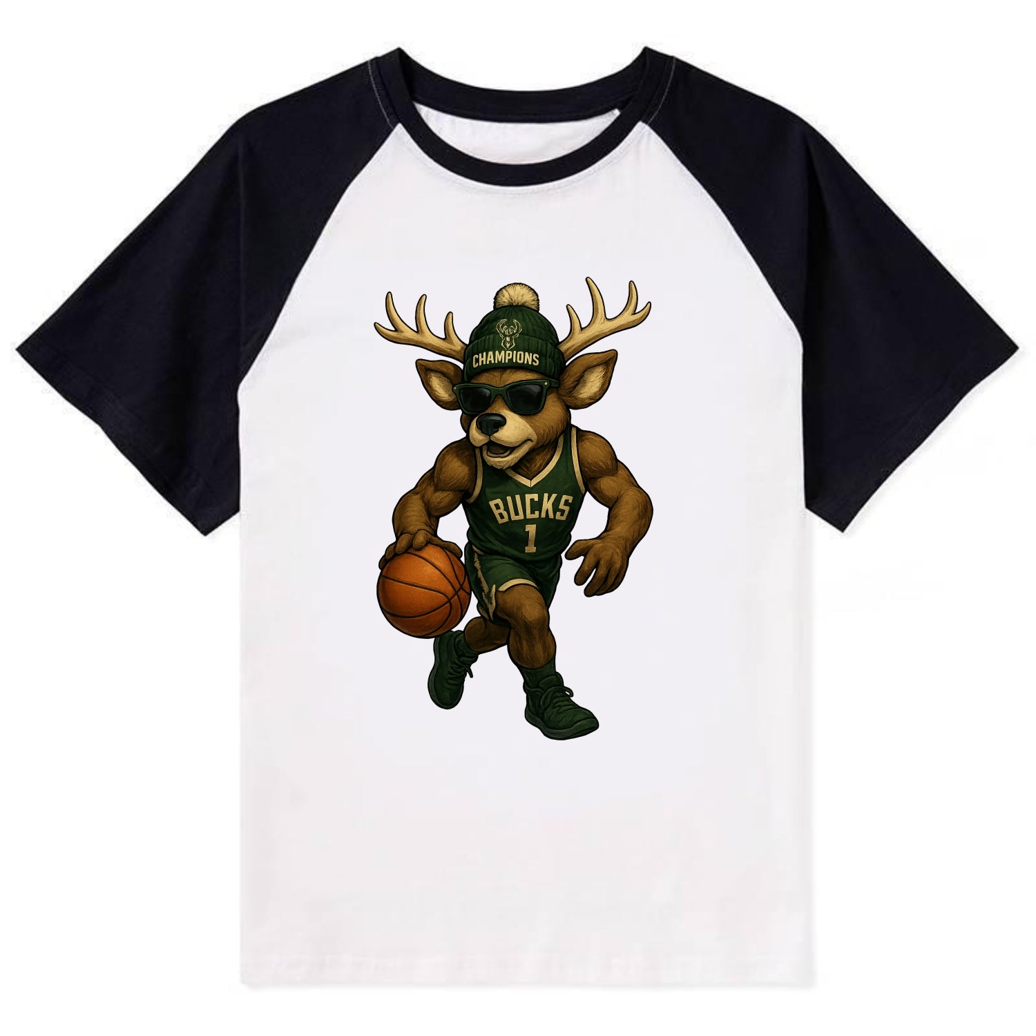 Milwaukee Buck Deer wearing Bucks green and cream beanie with antlers and - Contrast Raglan T-shirt - Black