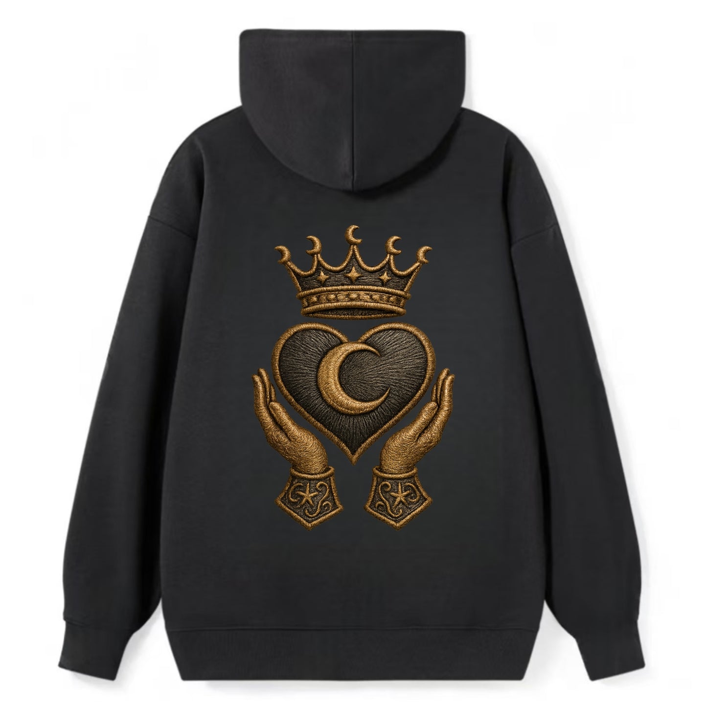 Moonlit crescent crown cradling a hematite heart with stargazer hands - Classic Pullover Hoodie - Black