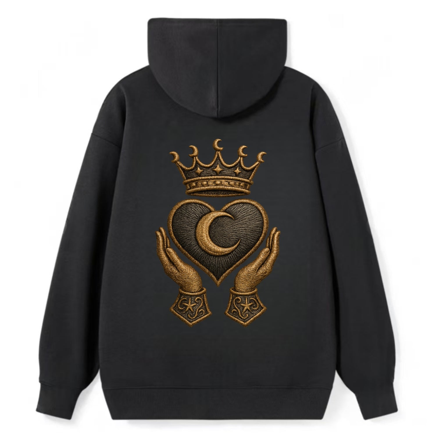 Moonlit crescent crown cradling a hematite heart with stargazer hands - Classic Pullover Hoodie - Black