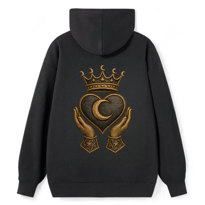 Moonlit crescent crown cradling a hematite heart with stargazer hands - Classic Pullover Hoodie - Black