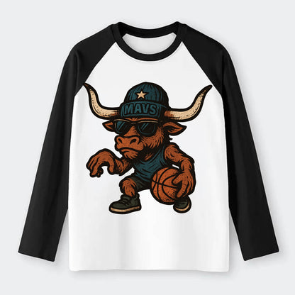 Texas Longhorn wearing Mavs beanie with lone star patch and wayfarer - Raglan Long Sleeve T-Shirt - Black