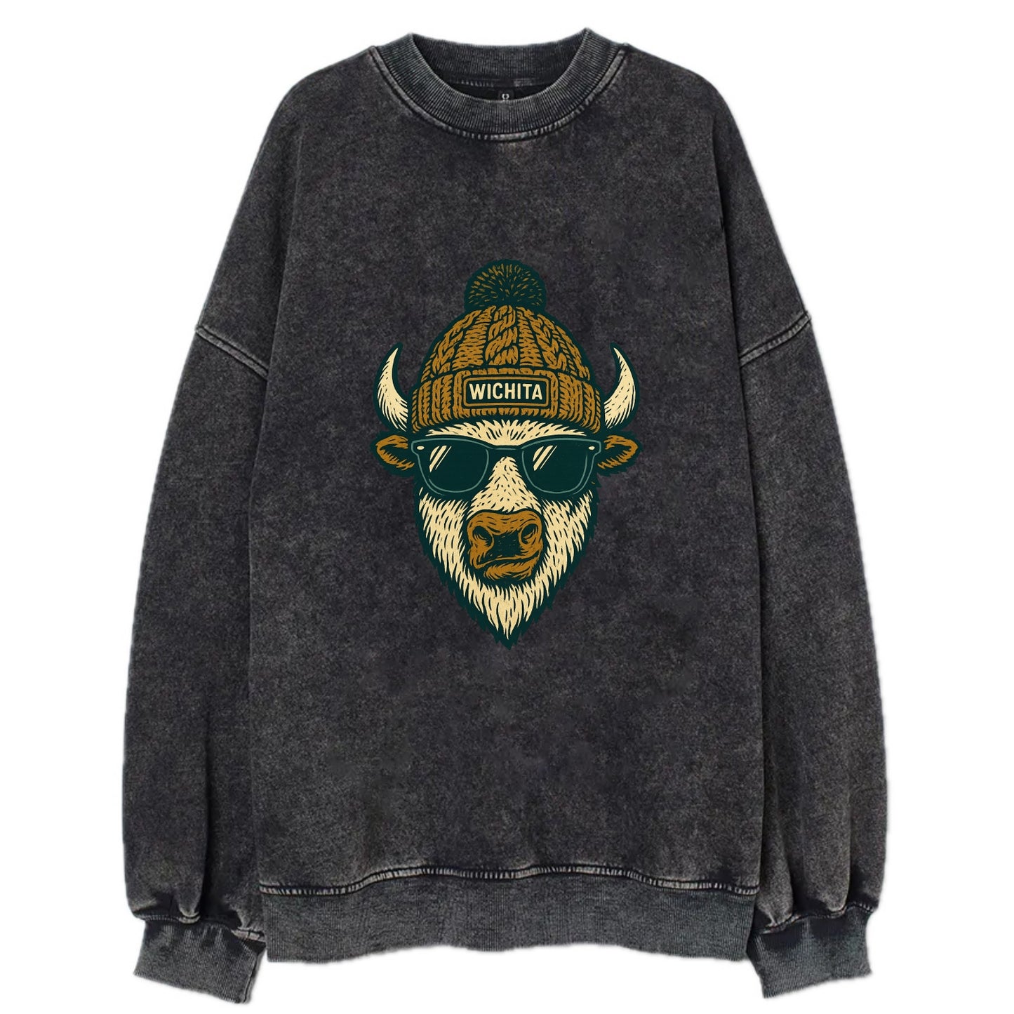 Kansas American Bison wearing Wichita beanie with pom pom and wayfarer - Vintage Sweatshirt - Black