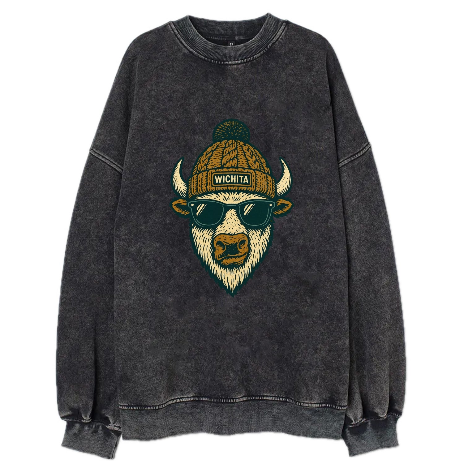 Kansas American Bison wearing Wichita beanie with pom pom and wayfarer - Vintage Sweatshirt - Black