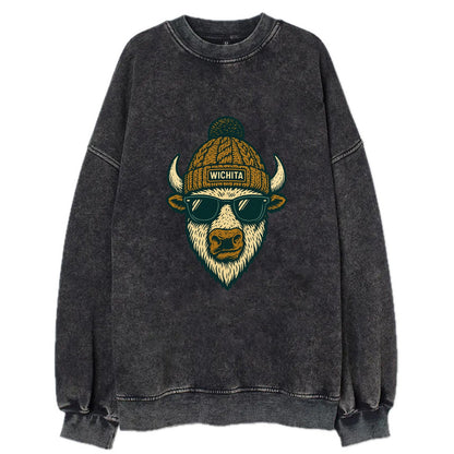 Kansas American Bison wearing Wichita beanie with pom pom and wayfarer - Vintage Sweatshirt - Black