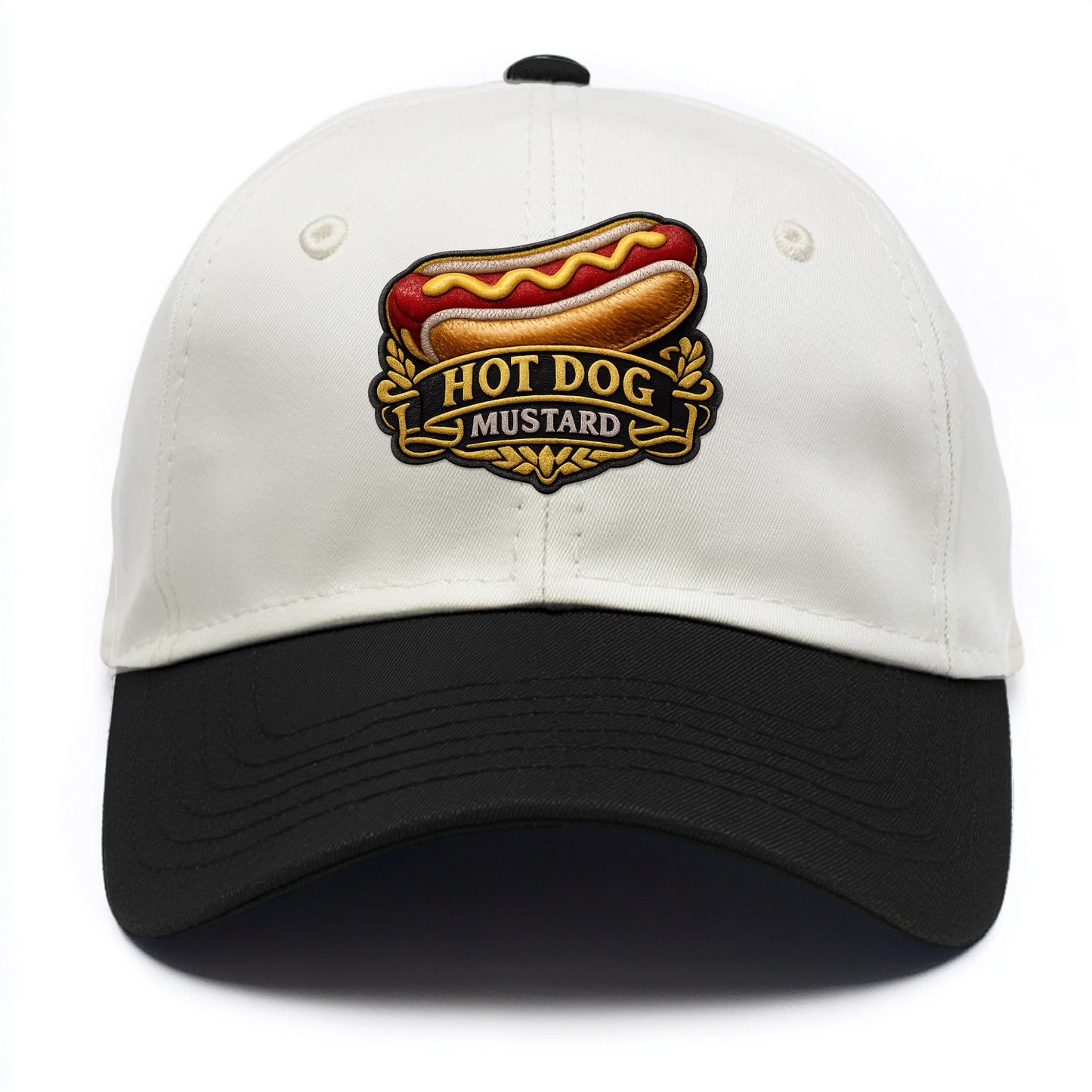 HOT DOG MUSTARD - classic hot dog in tan yellow red , ballpark food - Two Tone Cap - Black