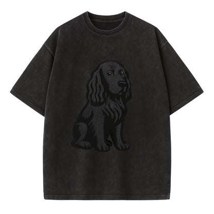 Field Spaniel - Black silky coat embroidered pose - Vintage T-shirt - Black