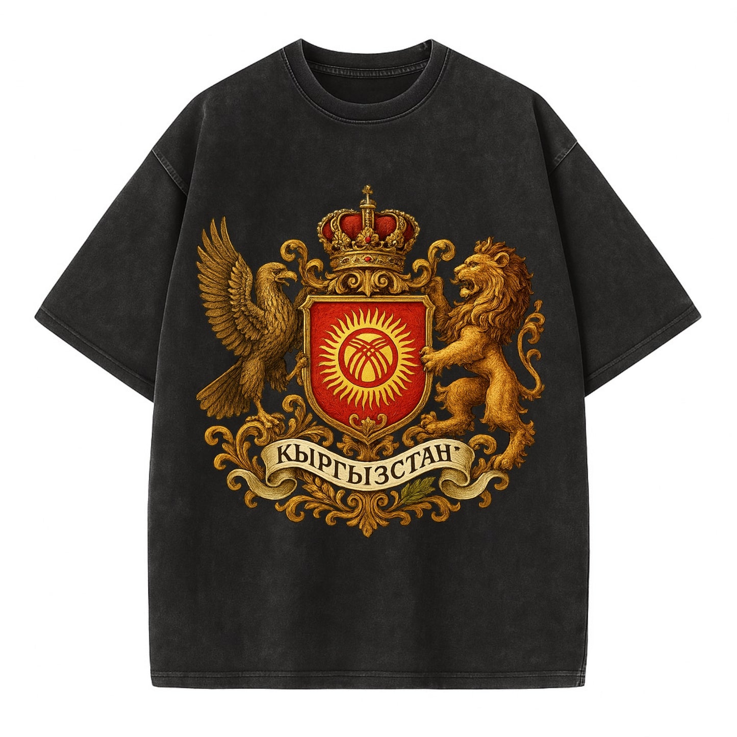 Kyrgyzstan Tunduk Emblem  - Vintage T-shirt - Black