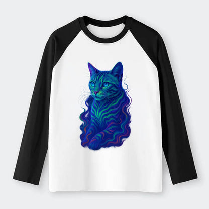 Exotic Bengal cat with aurora borealis colors flowing through its - Raglan Long Sleeve T-Shirt - Black