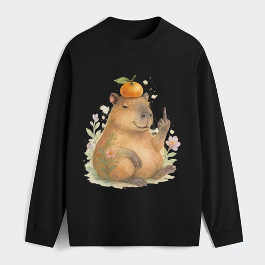 chonky capybara relaxing with orange on head, one webbed middle finger - Classic Long Sleeve Shirt - Black