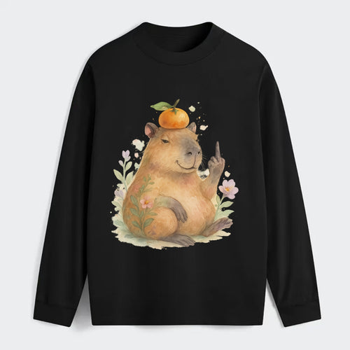 chonky capybara relaxing with orange on head, one webbed middle finger - Classic Long Sleeve Shirt