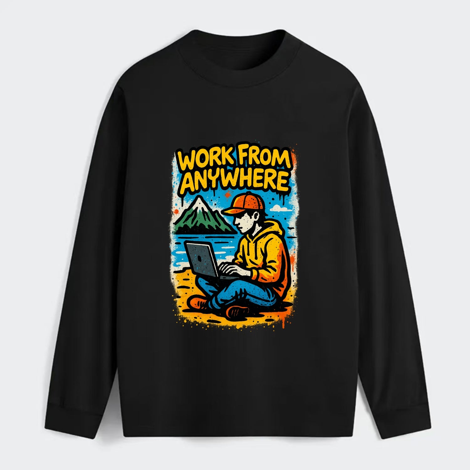 Digital nomad with laptop on beach/mountain - work from anywhere - Classic Long Sleeve Shirt - Black