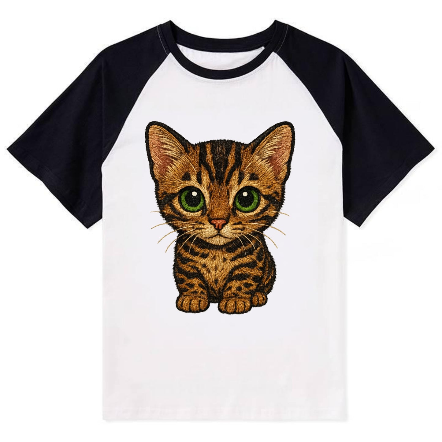 Baby Bengal Kitten - spotted/marbled wild coat, green eyes, athletic - Contrast Raglan T-shirt - Black