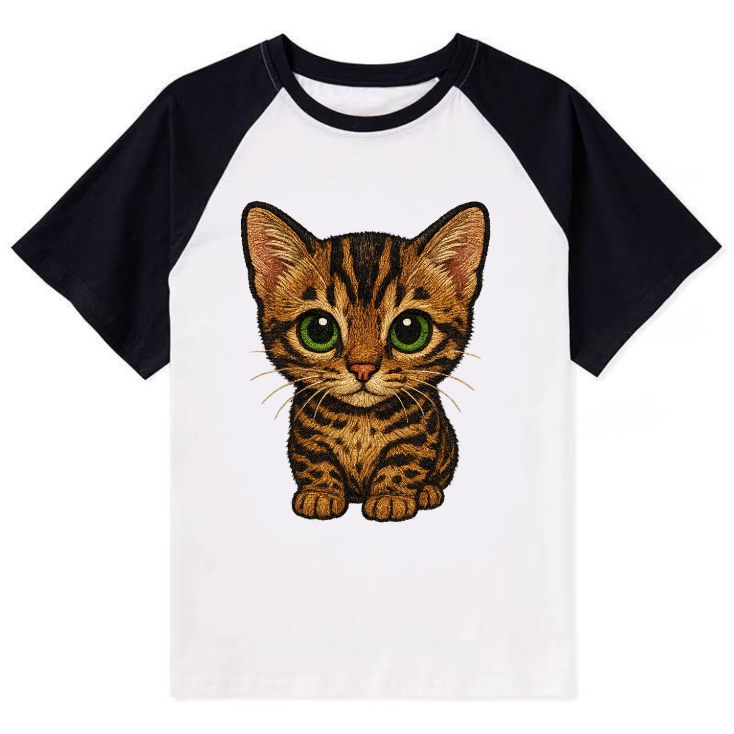 Baby Bengal Kitten - spotted/marbled wild coat, green eyes, athletic - Contrast Raglan T-shirt - Black