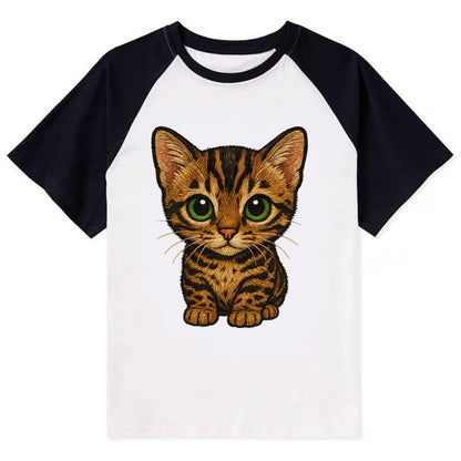Baby Bengal Kitten - spotted/marbled wild coat, green eyes, athletic - Contrast Raglan T-shirt - Black