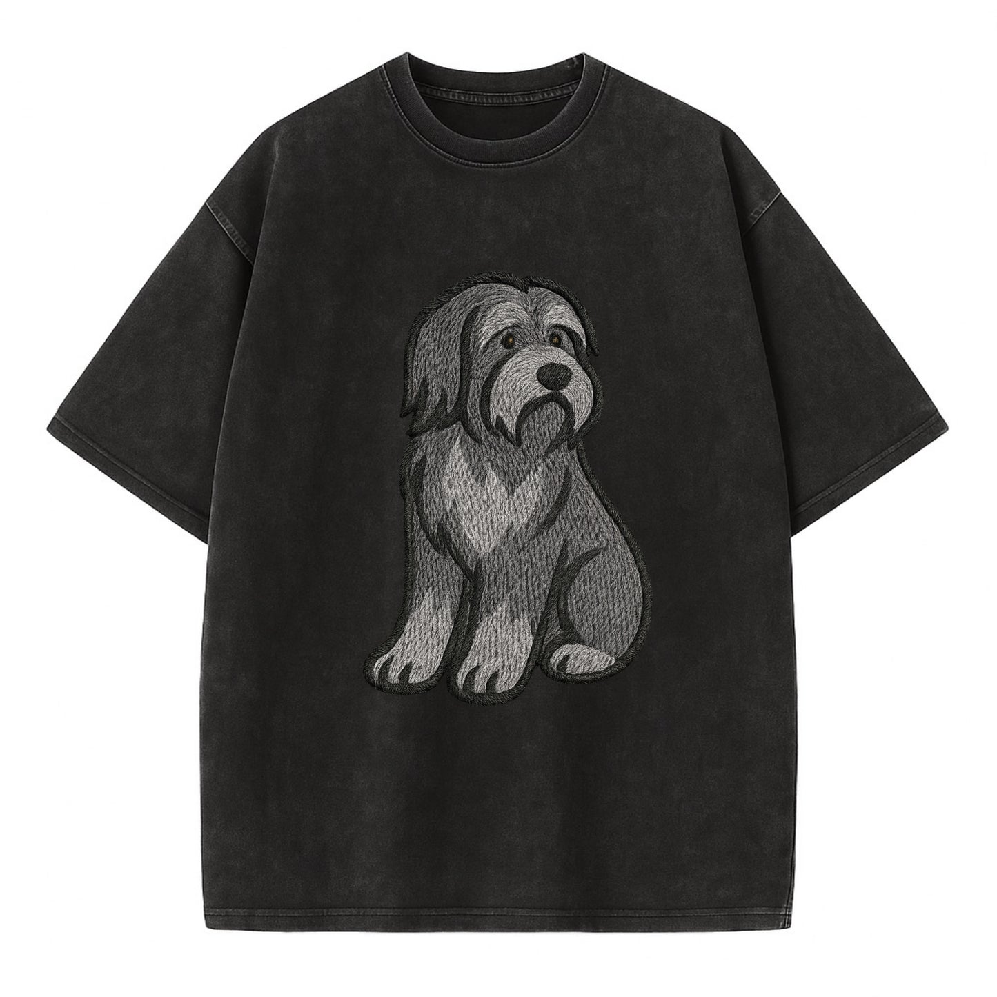 Bearded Collie - Gray shaggy coat embroidered pose - Vintage T-shirt - Black