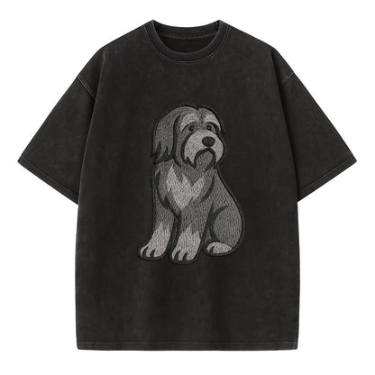 Bearded Collie - Gray shaggy coat embroidered pose - Vintage T-shirt - Black