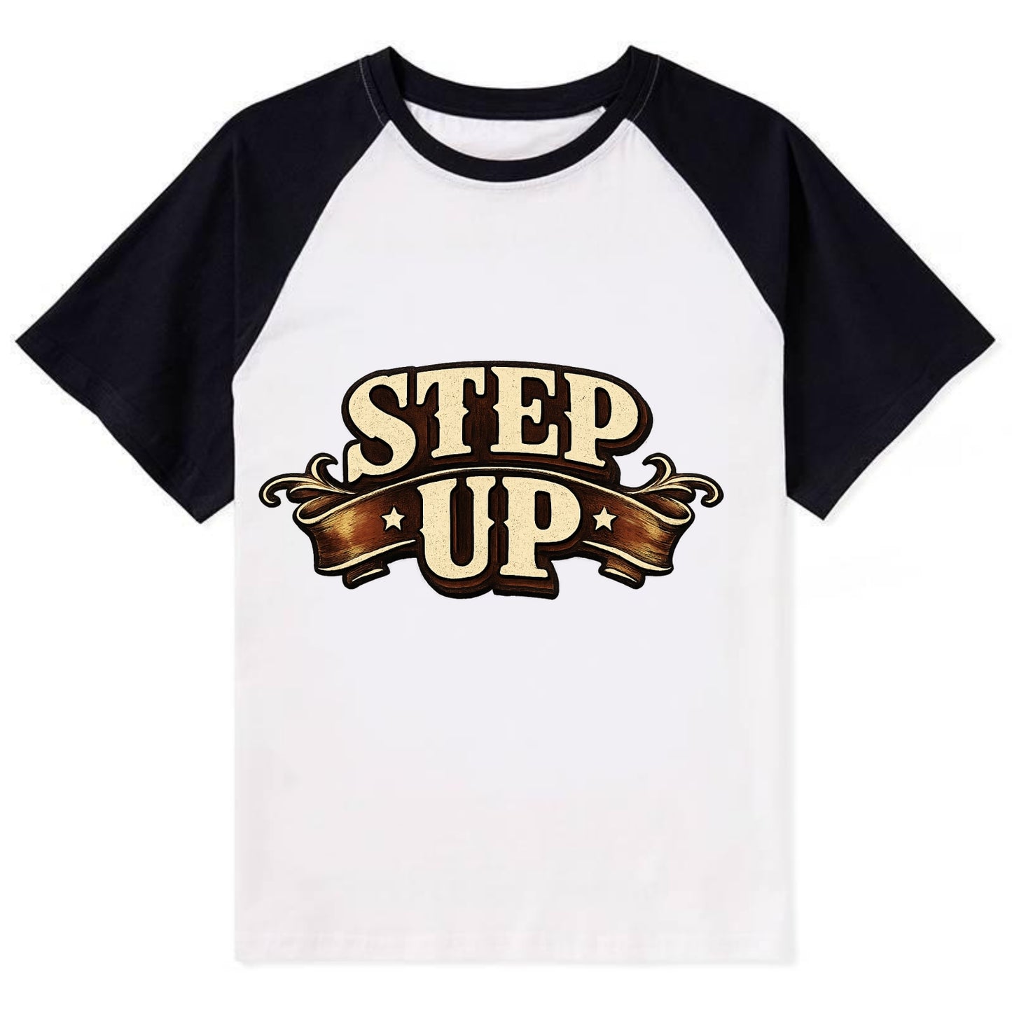 Bold typography design - "STEP UP" - rise to occasion, take charge - Contrast Raglan T-shirt - Black