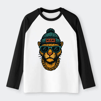 Florida Panther wearing Miami beanie with pom pom and wayfarer - Raglan Long Sleeve T-Shirt - Black
