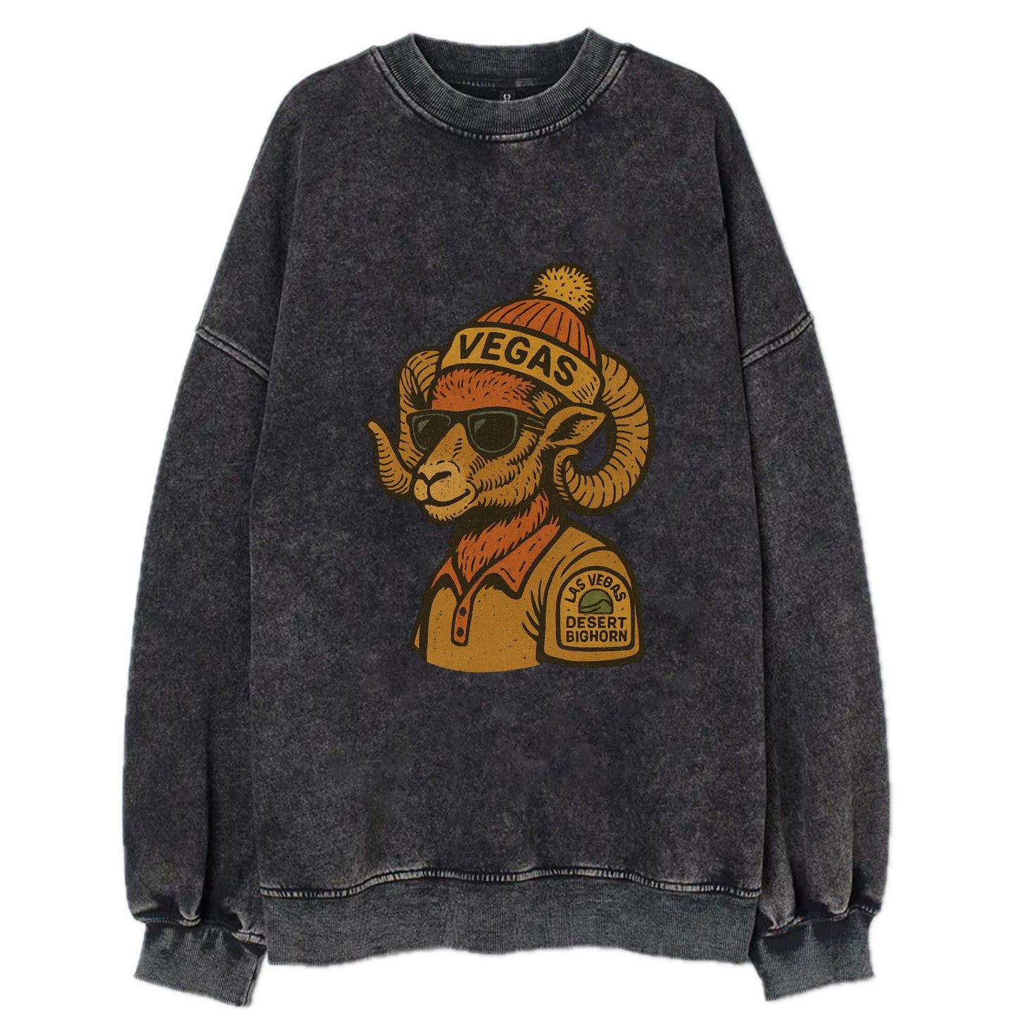 Las Vegas Desert Bighorn wearing Vegas beanie with pom pom and wayfarer - Vintage Sweatshirt - Black