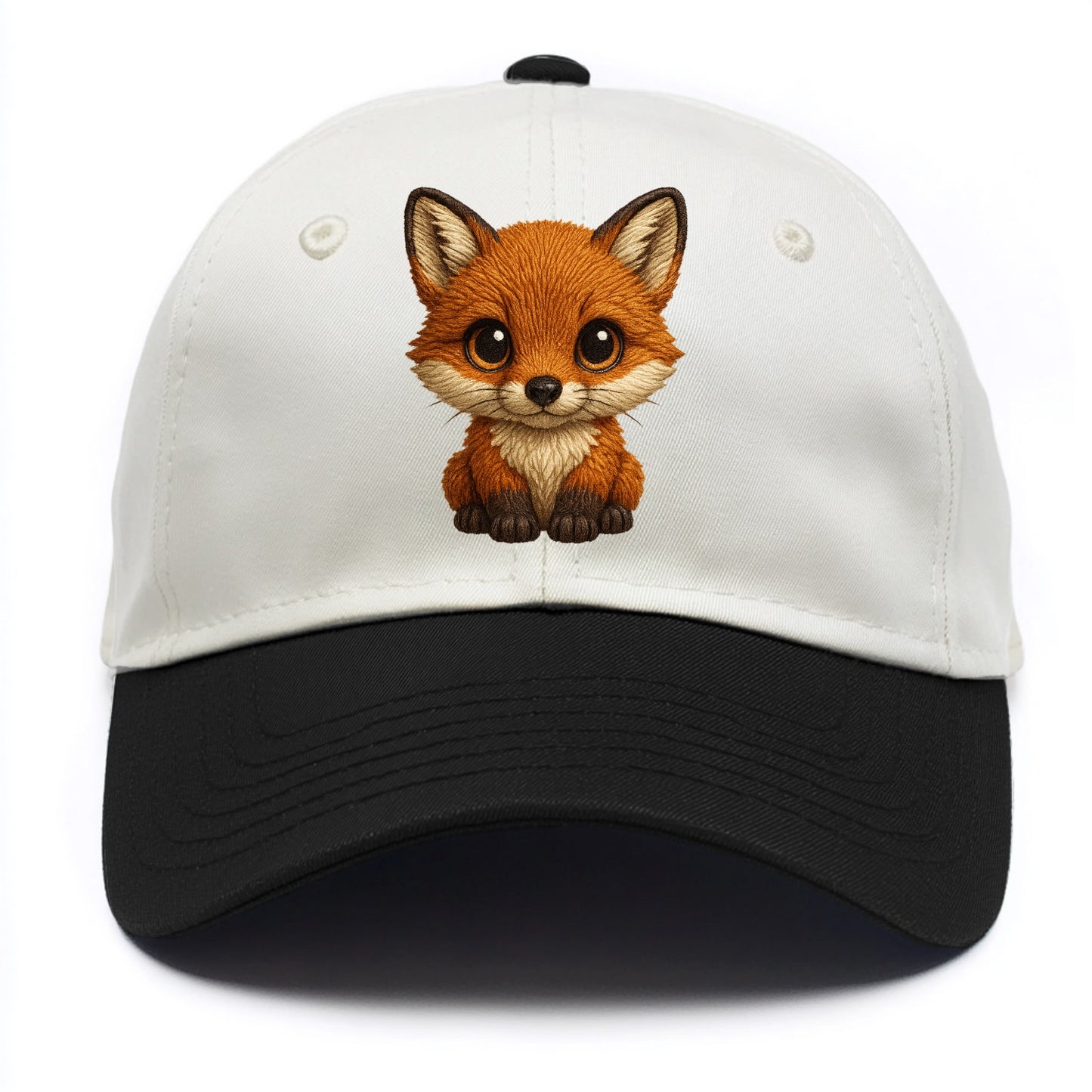 Baby Red Fox - russet fur, white chest, big amber eyes, perky ears, front-facing, - Two Tone Cap - Black