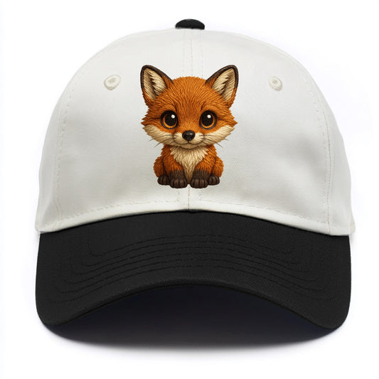 Baby Red Fox - russet fur, white chest, big amber eyes, perky ears, front-facing, - Two Tone Cap - Black
