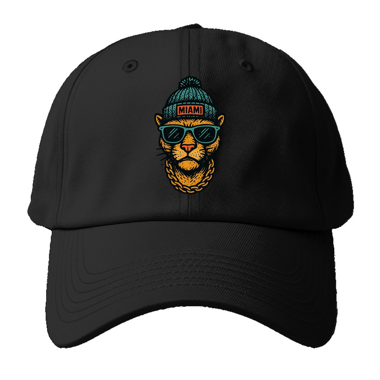 Florida Panther wearing Miami beanie with pom pom and wayfarer sunglasses - Baseball Cap - Black