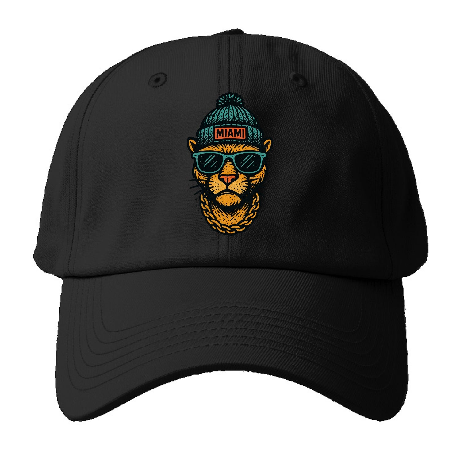 Florida Panther wearing Miami beanie with pom pom and wayfarer sunglasses - Baseball Cap - Black