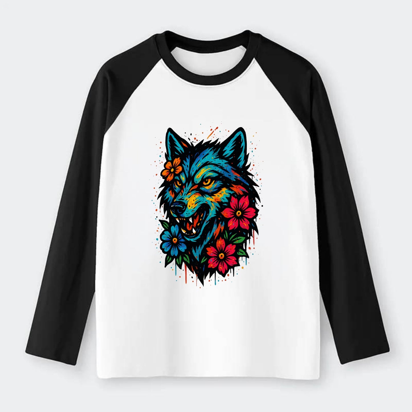 Floral Wolf Garden  - Raglan Long Sleeve T-Shirt - Black