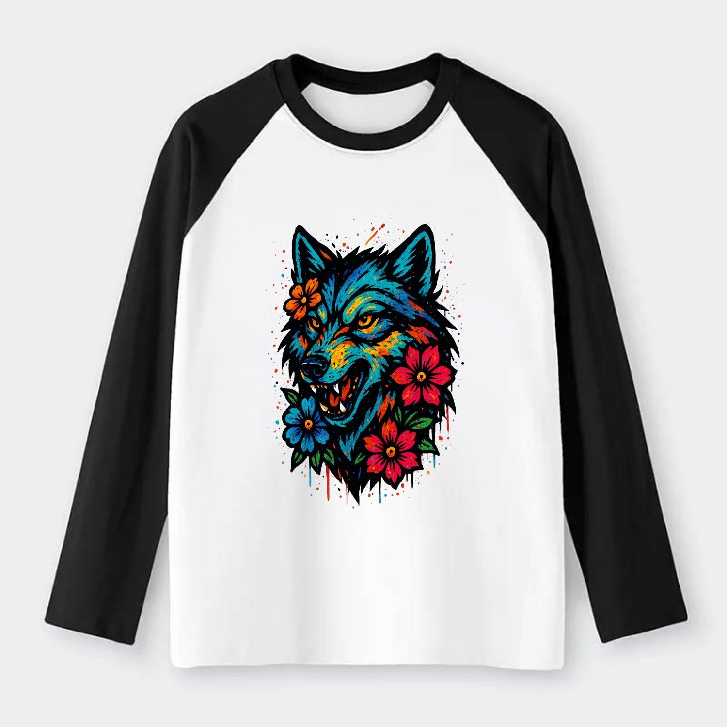 Floral Wolf Garden  - Raglan Long Sleeve T-Shirt - Black