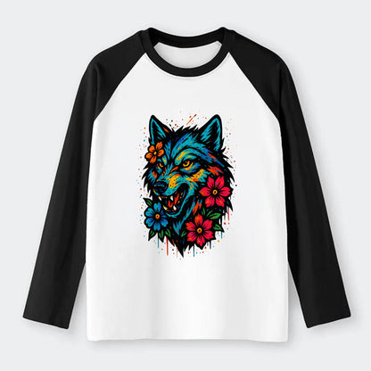 Floral Wolf Garden  - Raglan Long Sleeve T-Shirt - Black